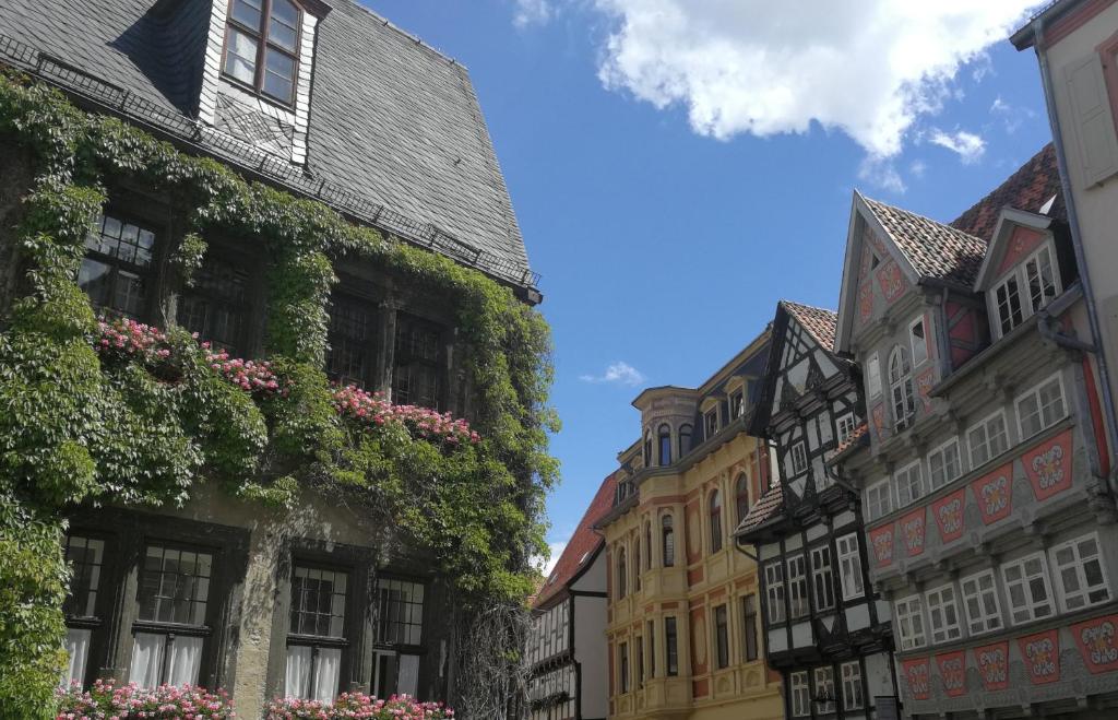 奎德林堡Quedlinburg Marktplatz-Suites的城市街道,建筑