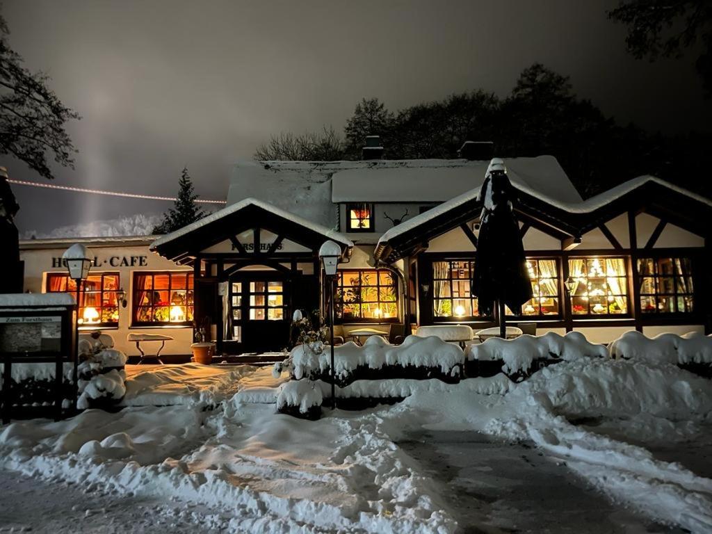 维林根Hotel zum Forsthaus的雪覆盖的房屋,晚上有灯