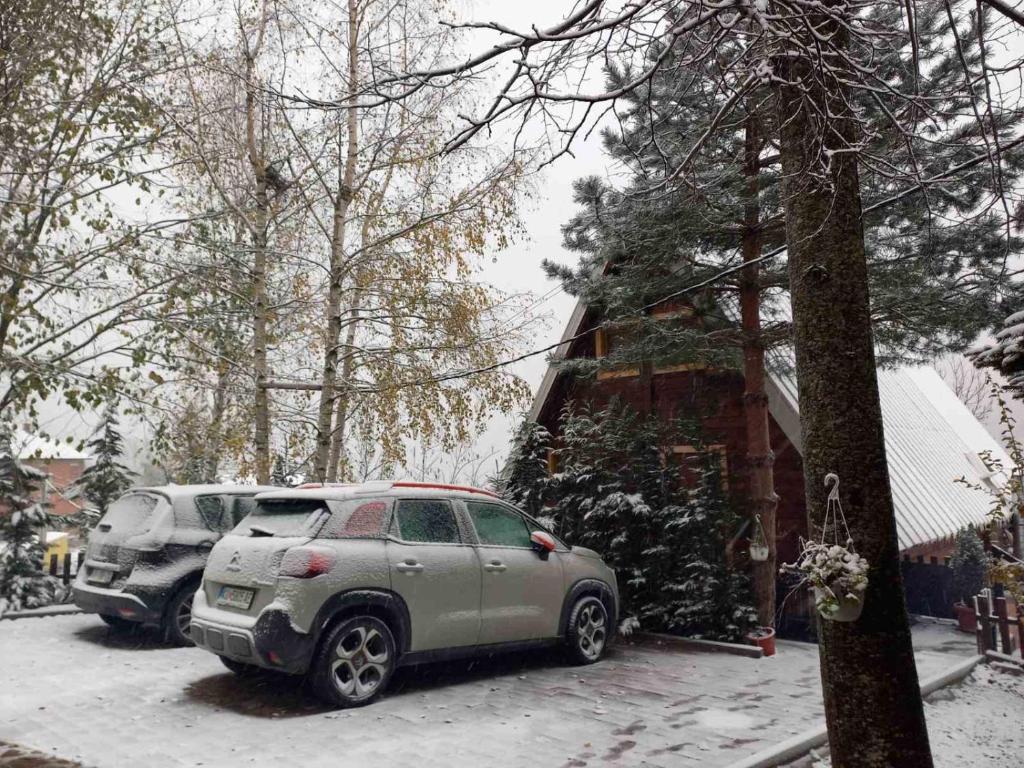 佩奇Villa Albani的雪中停在房子前面的汽车
