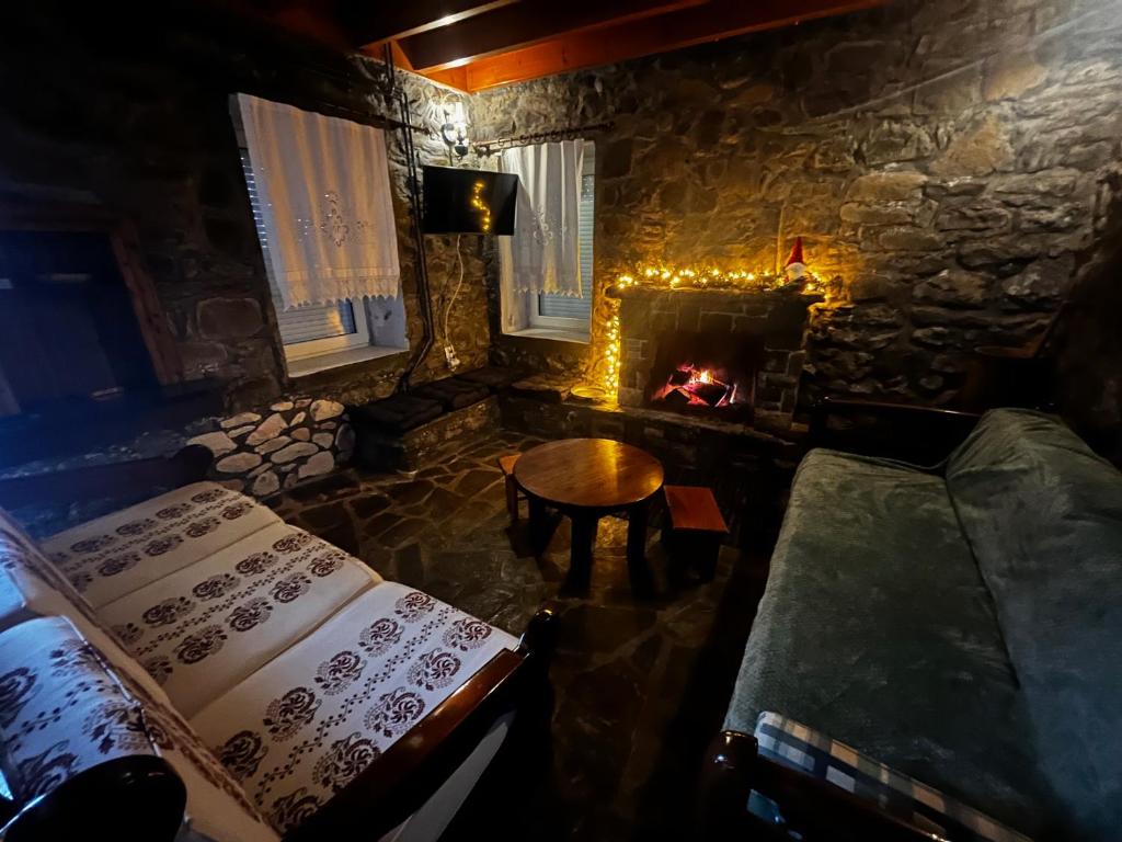 卡尔派尼西翁Chalet Karpenisi的客房设有壁炉、桌子和沙发。