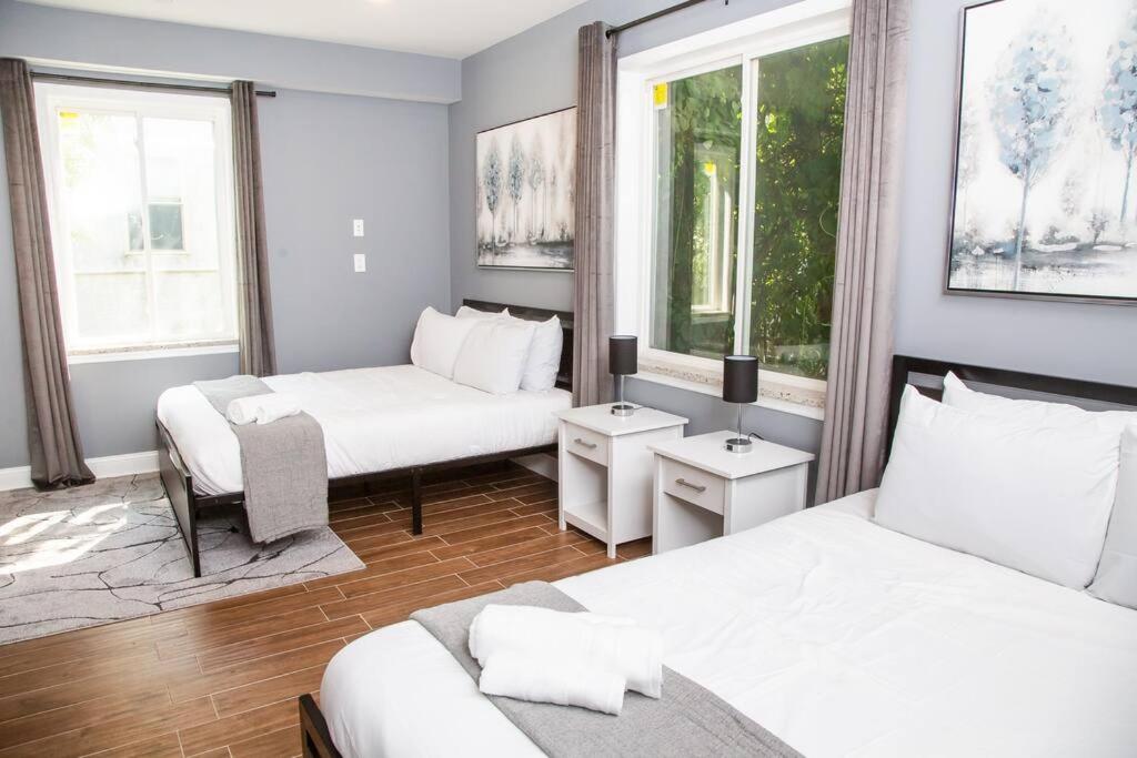 费城Lux Stay by Center City/Temple的一间卧室设有两张床、一张沙发和两个窗户。