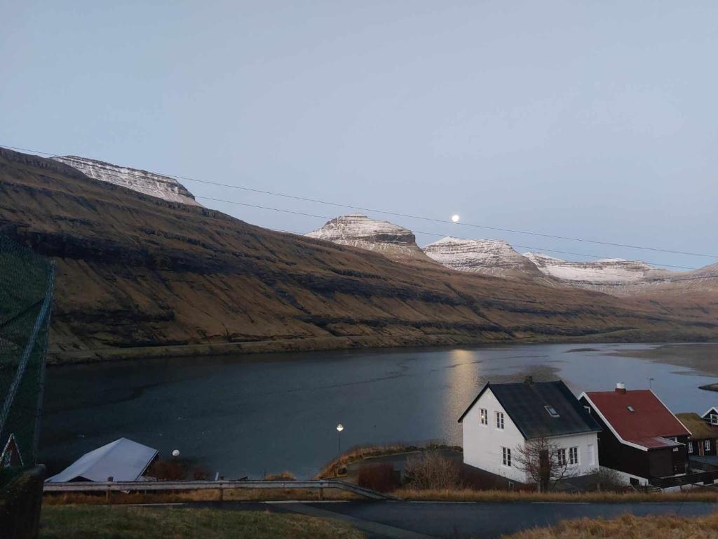 FunningsfjørðurFjord Guesthouse的水体中间的房子