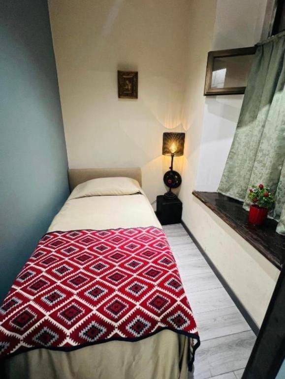 巴统Communication hostel的一间卧室配有一张带红色和白色棉被的床