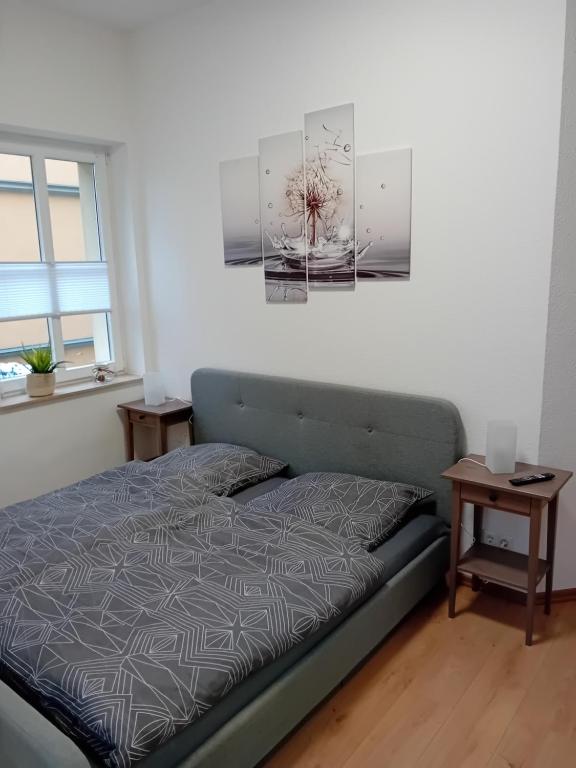 德累斯顿Top Ferienwohnung in sehr guter Lage的一间卧室配有一张床和两张桌子