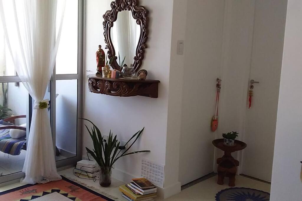 萨尔瓦多Apto novo, pratico, otimo para trabalhar e lazer .的墙上有镜子的房间和植物