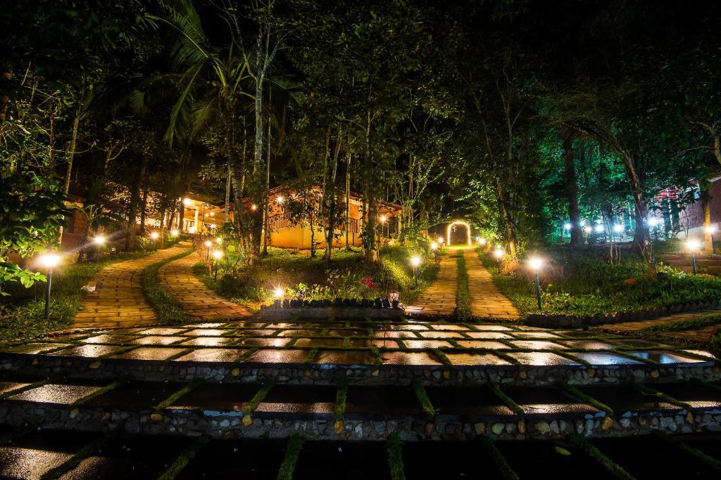 苏丹巴特利Raindrops Resorts的夜间公园,设有喷泉和灯光