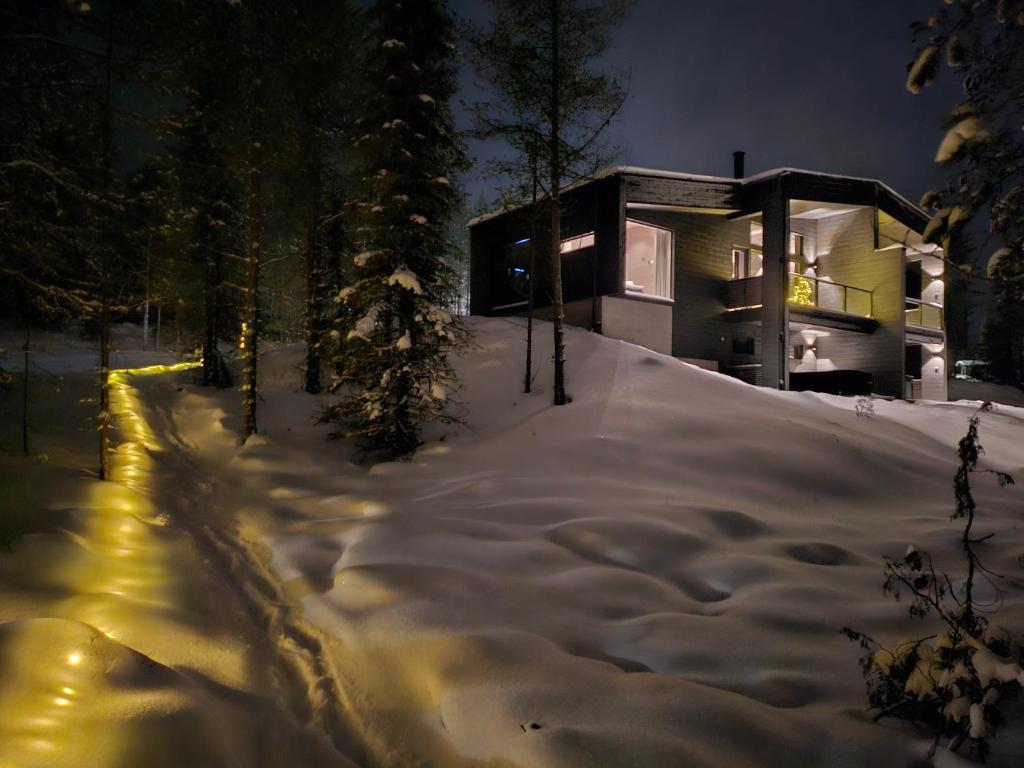 库萨莫Villa Kanger Ruka 2的雪中的房子,晚上有灯