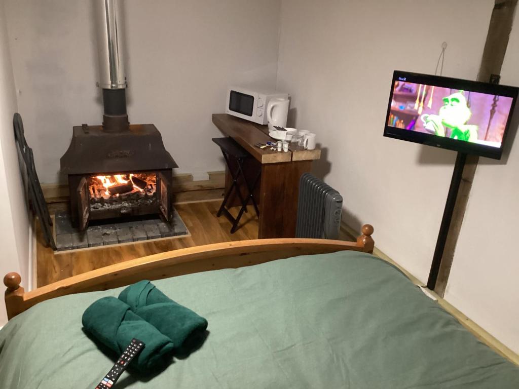 Vigo VillageBarn 6的客房设有壁炉、电视和床。