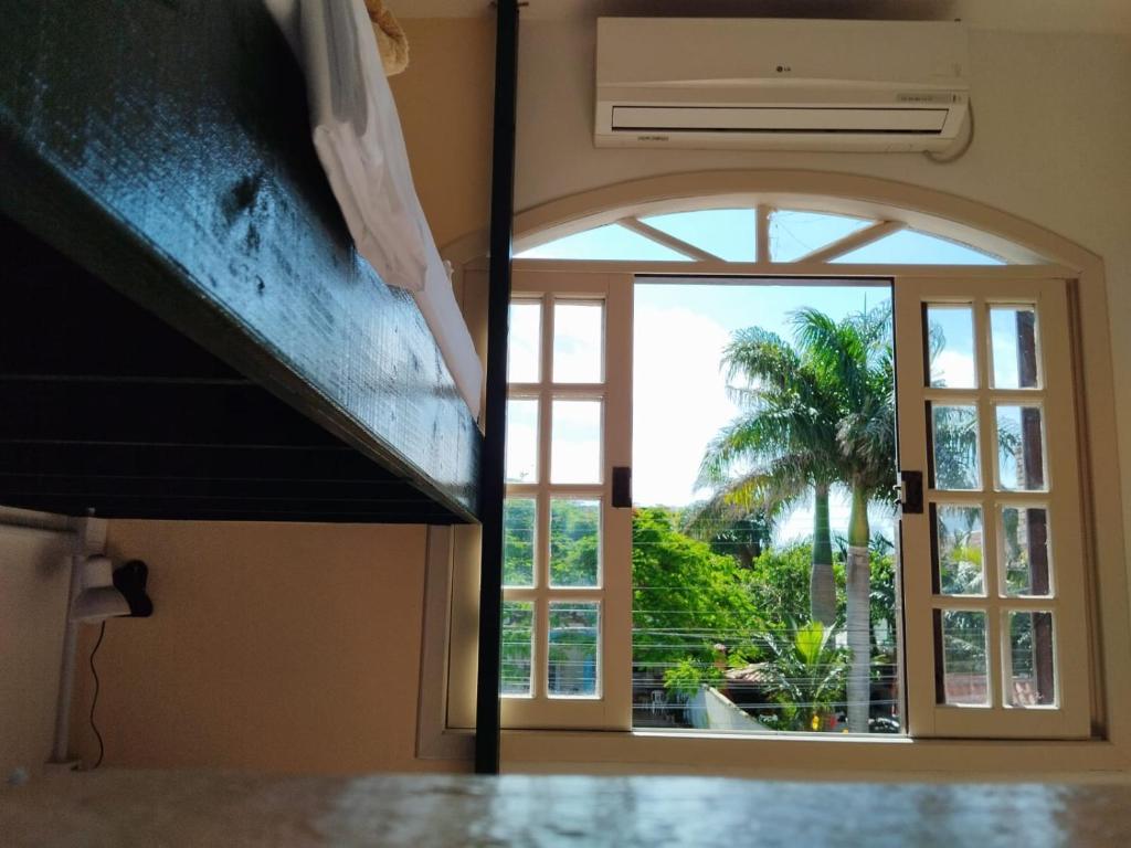 弗洛里亚诺波利斯Santa Catarina Hostel的享有棕榈树景致的开放式窗户
