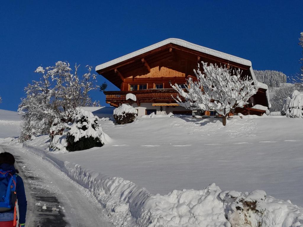 基茨比厄尔附近奥拉赫Ferienwohnung Obernauer的雪覆盖在道路旁的小木屋