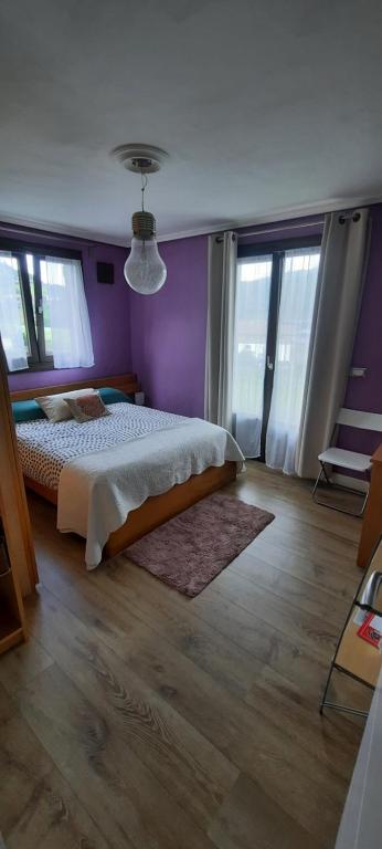 MarquinaAbeletxe的一间卧室设有一张床和紫色的墙壁及窗户