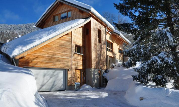 韦尔科尔地区朗Maison d'hôtes Agathe et Sophie的一座带雪地车库的木制建筑