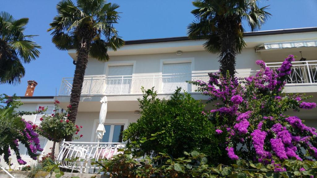 波尔托罗Apartments Fink的一座棕榈树和紫色花卉的建筑