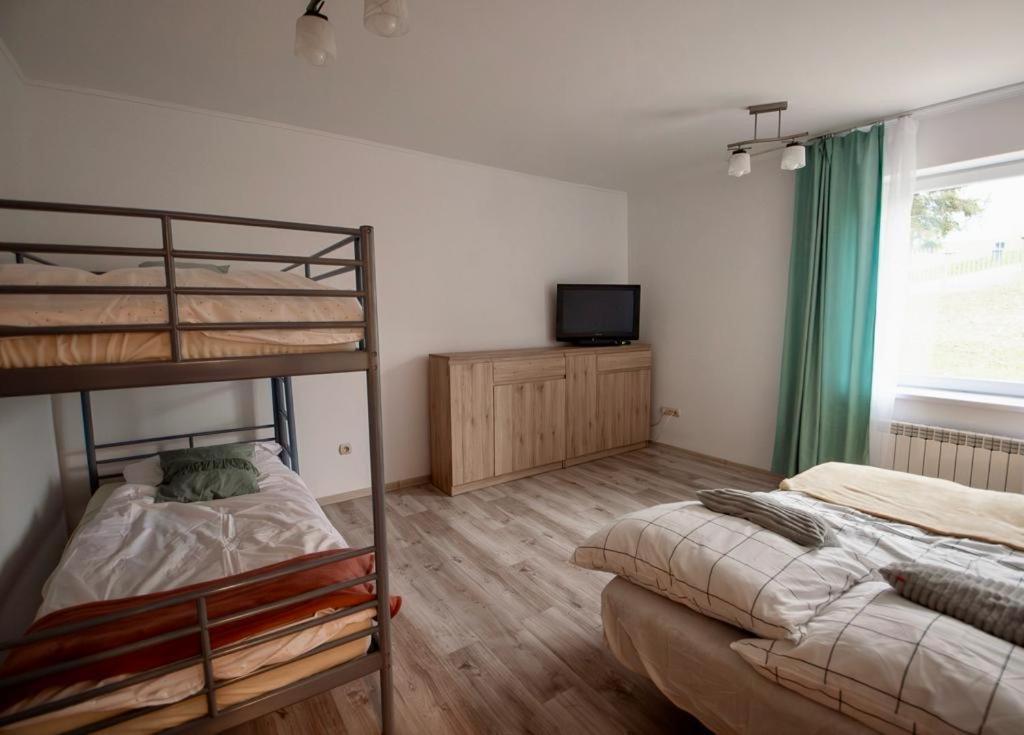 JastrzębiaDomek Wilgówka的一间卧室配有两张双层床和电视