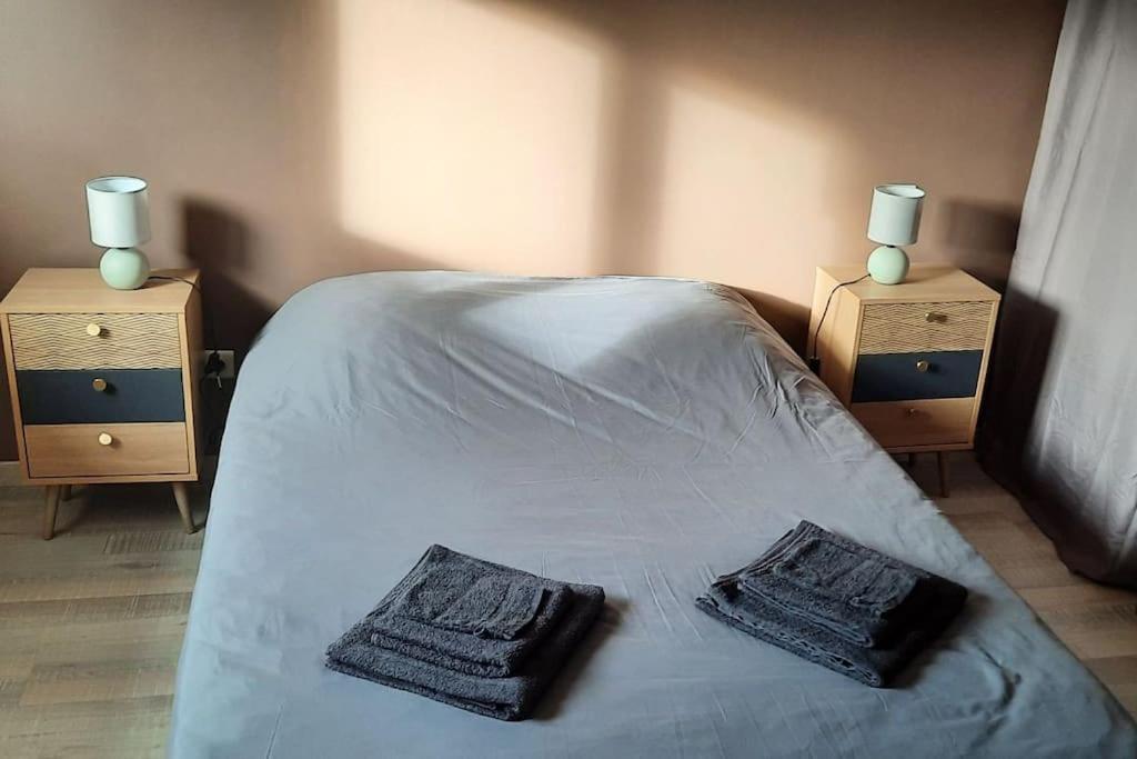 圣迪济耶charmante maison de ville的一张带两个床头柜的床,上面有两条毛巾