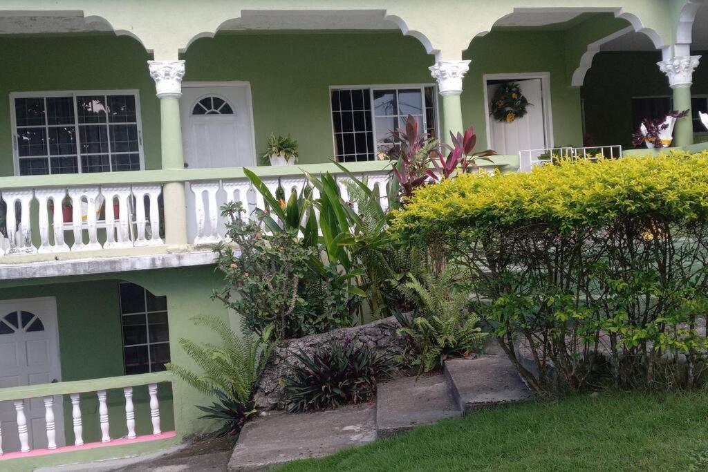 欧丘里欧Cindy's Garden Stay的绿色房子,设有白色阳台和植物