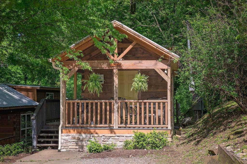 查塔努加Ani Cabin Tiny Home Bordered By National Forest的小屋设有门廊和树木