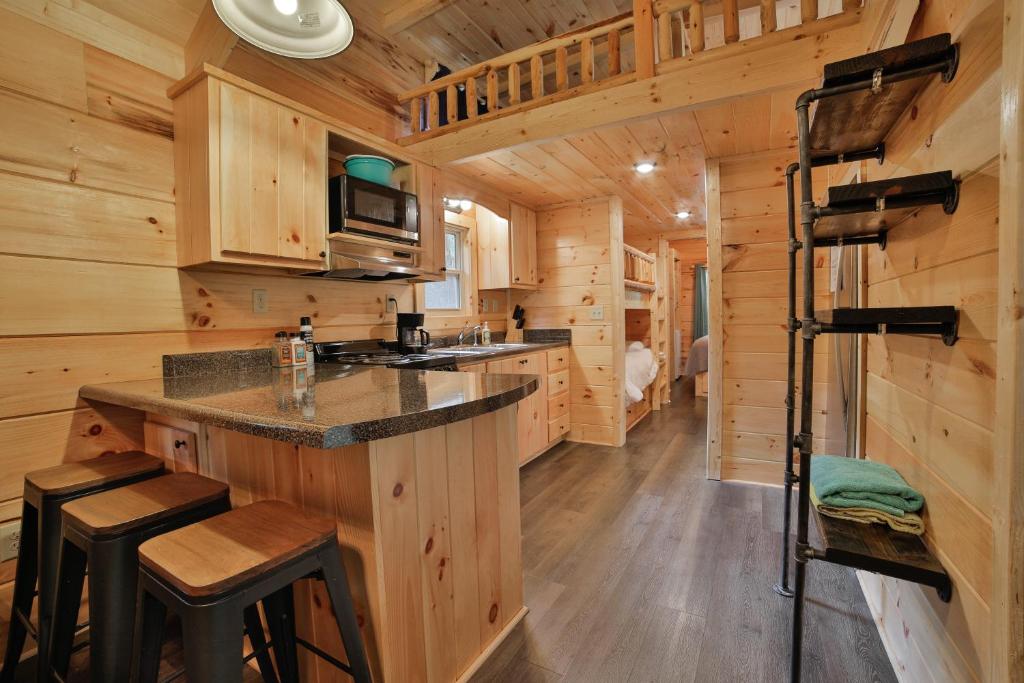 查塔努加Ani Cabin Tiny Home Bordered By National Forest的小木屋内的厨房设有岛屿