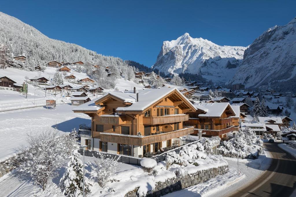 格林德尔瓦尔德Chalet Alia and Apartments-Grindelwald by Swiss Hotel Apartments的雪中山间滑雪小屋