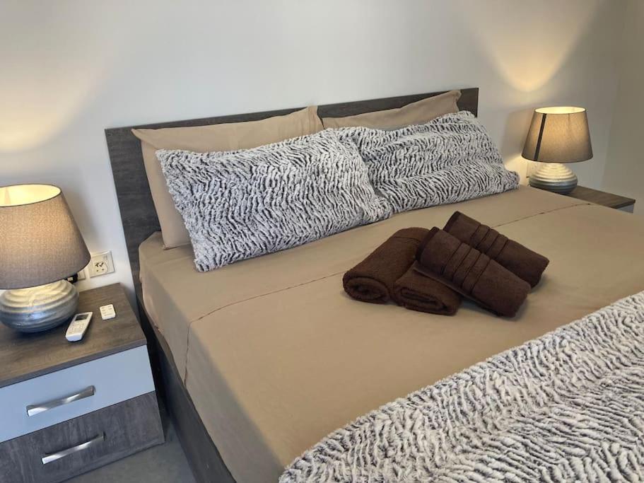 马尔萨斯卡拉Elegant Maisonette in Malta by AssetFlow PRO的一张带两个枕头的床和两盏灯
