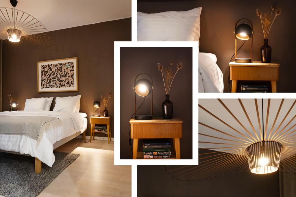 坦佩雷Luminary 21的一张带床和灯的卧室照片拼合