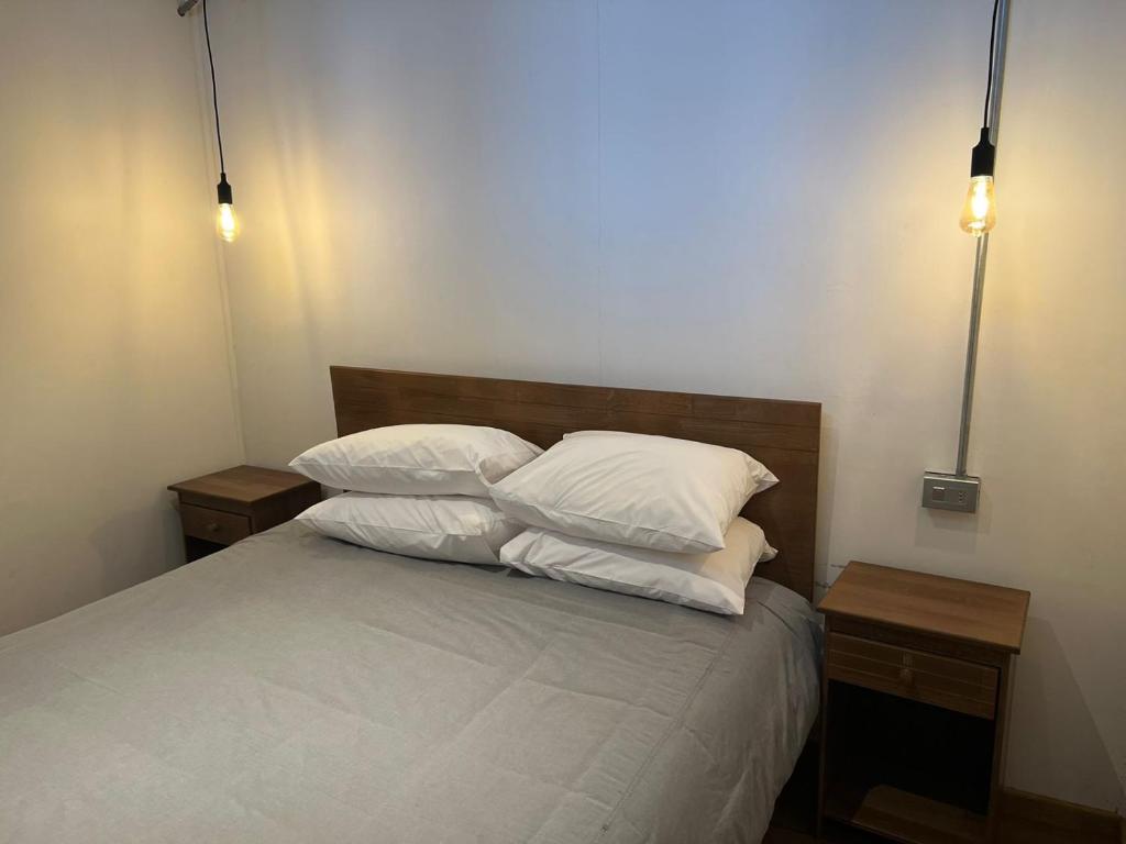 科伊艾科Hostal Sur Y Magia的一张带两个枕头的床和两个床头柜。
