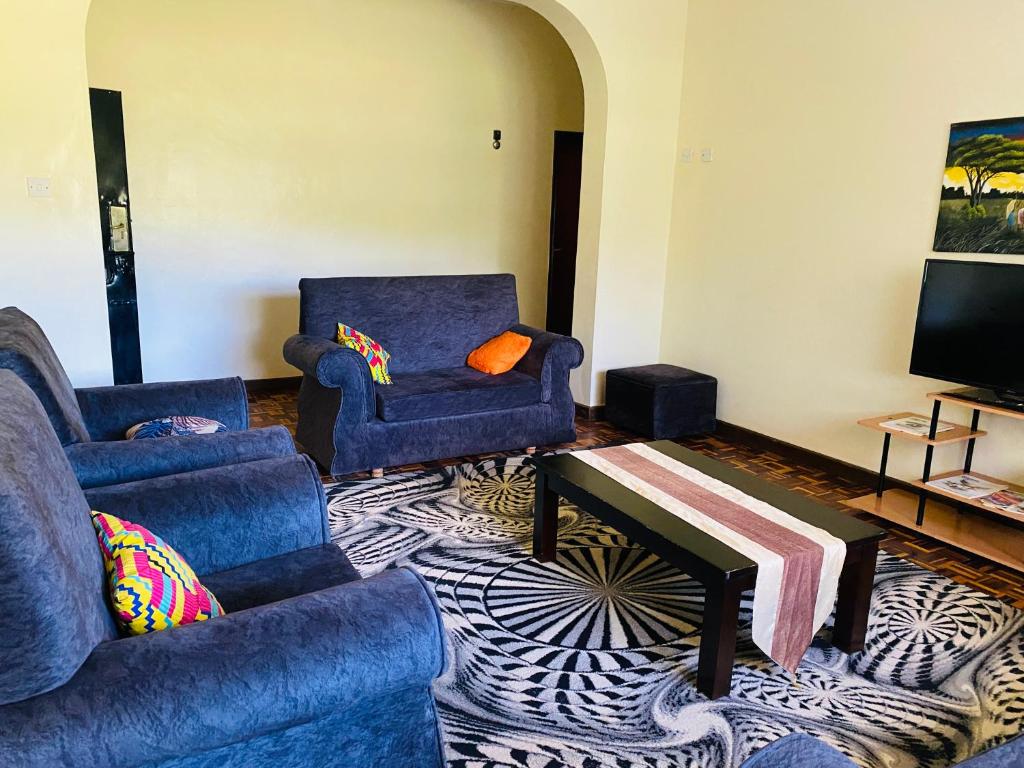 基塔莱Lisa place milimani的客厅配有2张蓝色沙发和电视