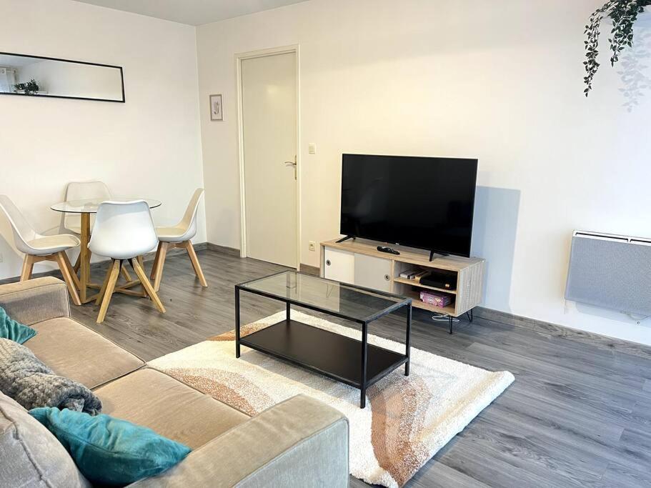 塞尔吉Cocon Eudenia - accès direct PARIS - 2 MIN RER - PARKING GRATUIT的带沙发、电视和桌子的客厅