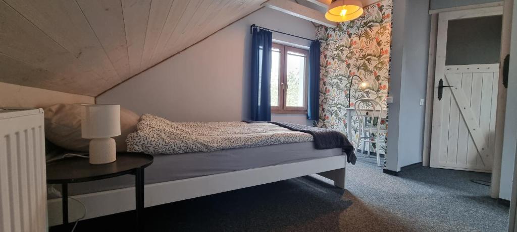 博尔斯克Borsk Sielanka的一间卧室配有一张带桌子和窗户的床