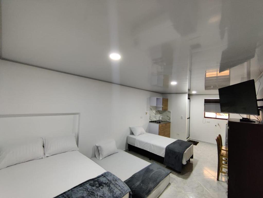 麦德林Apartahotel Sevilla的一间卧室配有两张床和一台平面电视