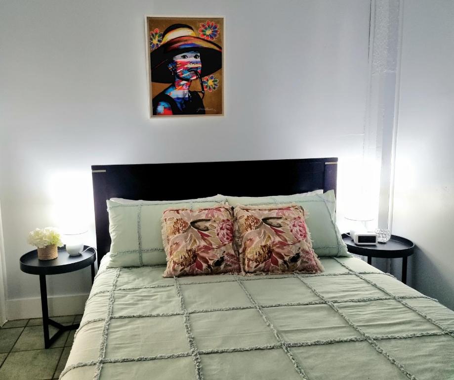 凯恩斯JDs Tropical stays的一张带两个枕头的床和墙上的绘画