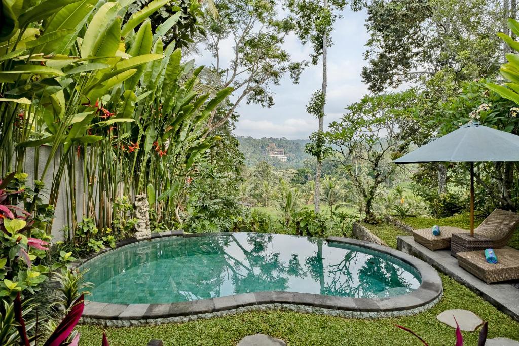 乌布Anandari Ubud Villa的花园中的一个游泳池