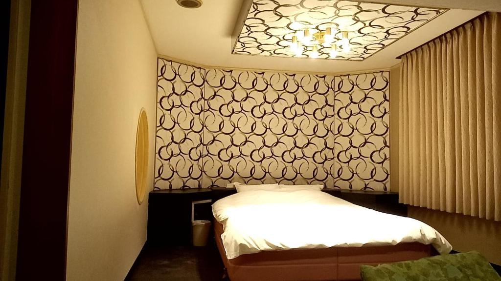 津市HOTEL Z23的一间卧室配有一张床和一个吊灯
