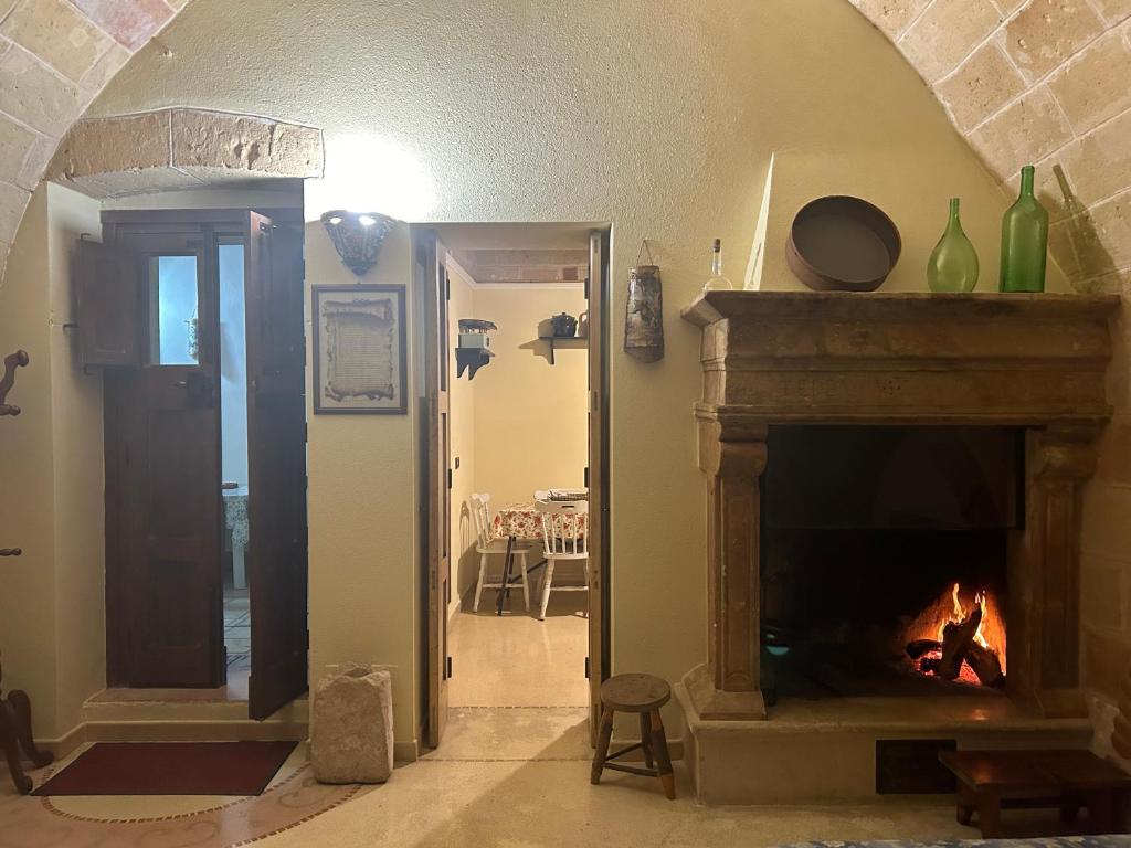 科佩尔蒂诺Nido d'amore in Salento的客厅设有壁炉和门廊。