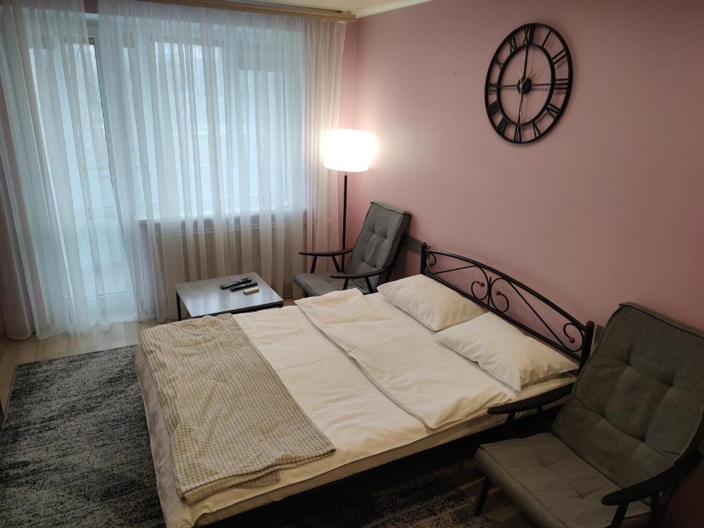 克里沃罗格Апартаменти, вул Космонавтів,29, великий Смарт TV , преміум підписки的卧室配有一张床,墙上挂着一个钟