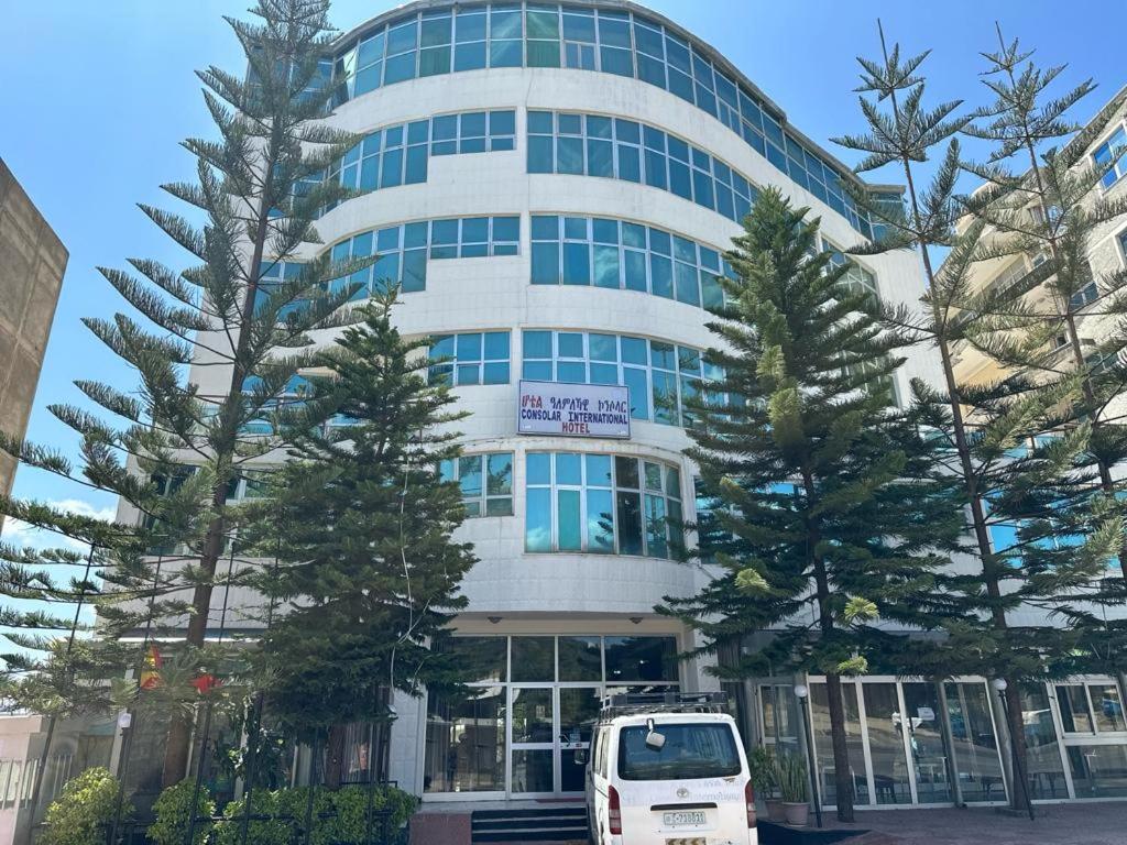 阿克苏姆Consolar International Hotel的停在大楼前的白色货车