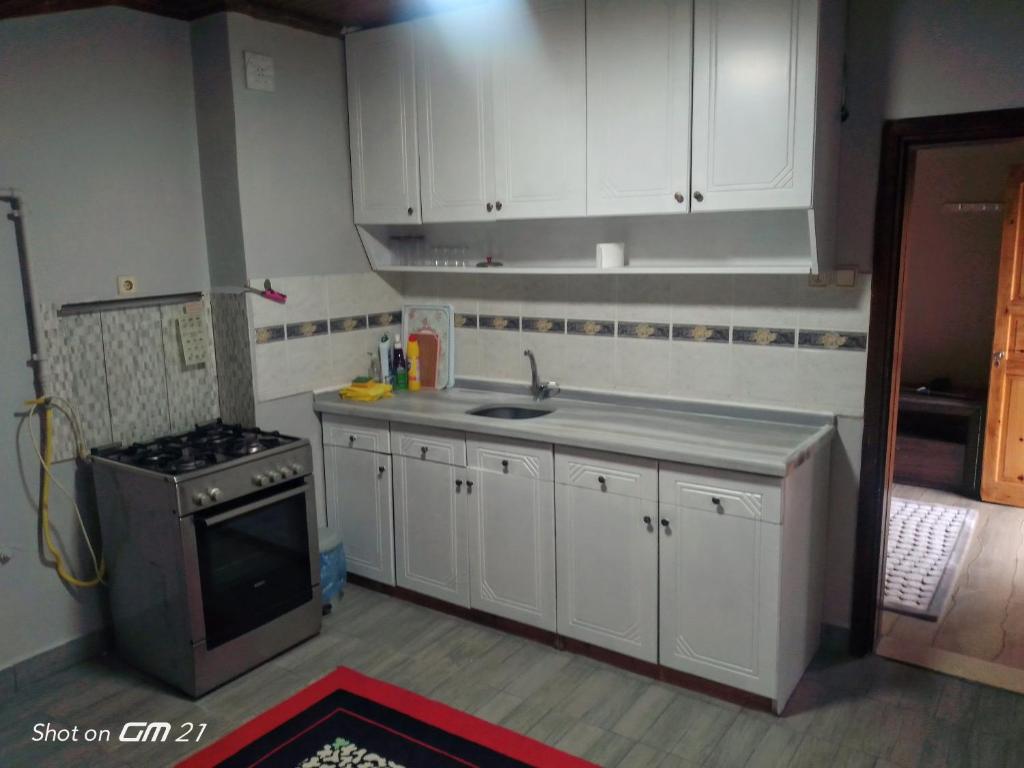 科贾埃利Rooftop apartment with a big garden的厨房配有白色橱柜、水槽和炉灶。