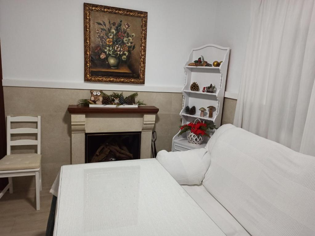 马拉加Casa La Loma en Archidona的客厅设有一张床和一个壁炉