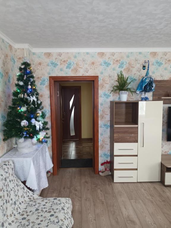 图库姆斯Dzīvoklis Tukuma centrā的一间客厅,客厅里放着圣诞树