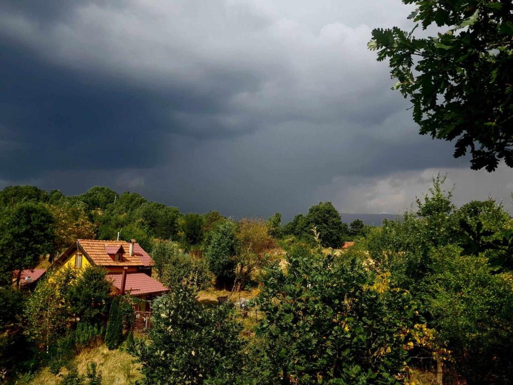 科查尼Krushka, Kochani, Osogovo的山丘上树木繁茂,天空 ⁇ 的房屋