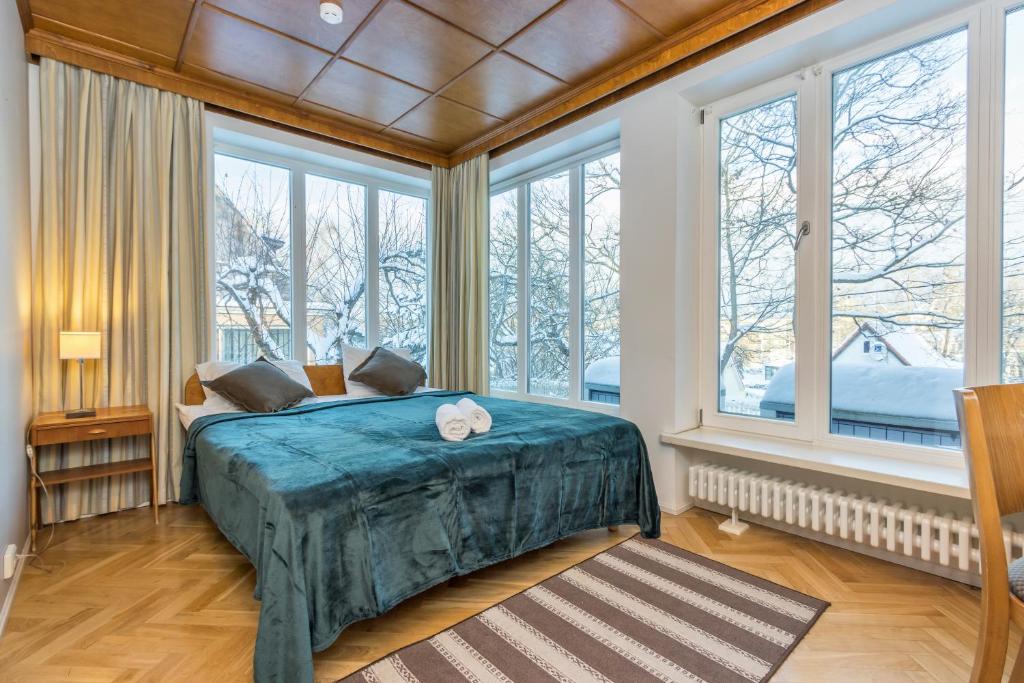 塔林Gustav Ernesaks- Kadriorg的一间设有床铺的卧室,位于带窗户的房间内