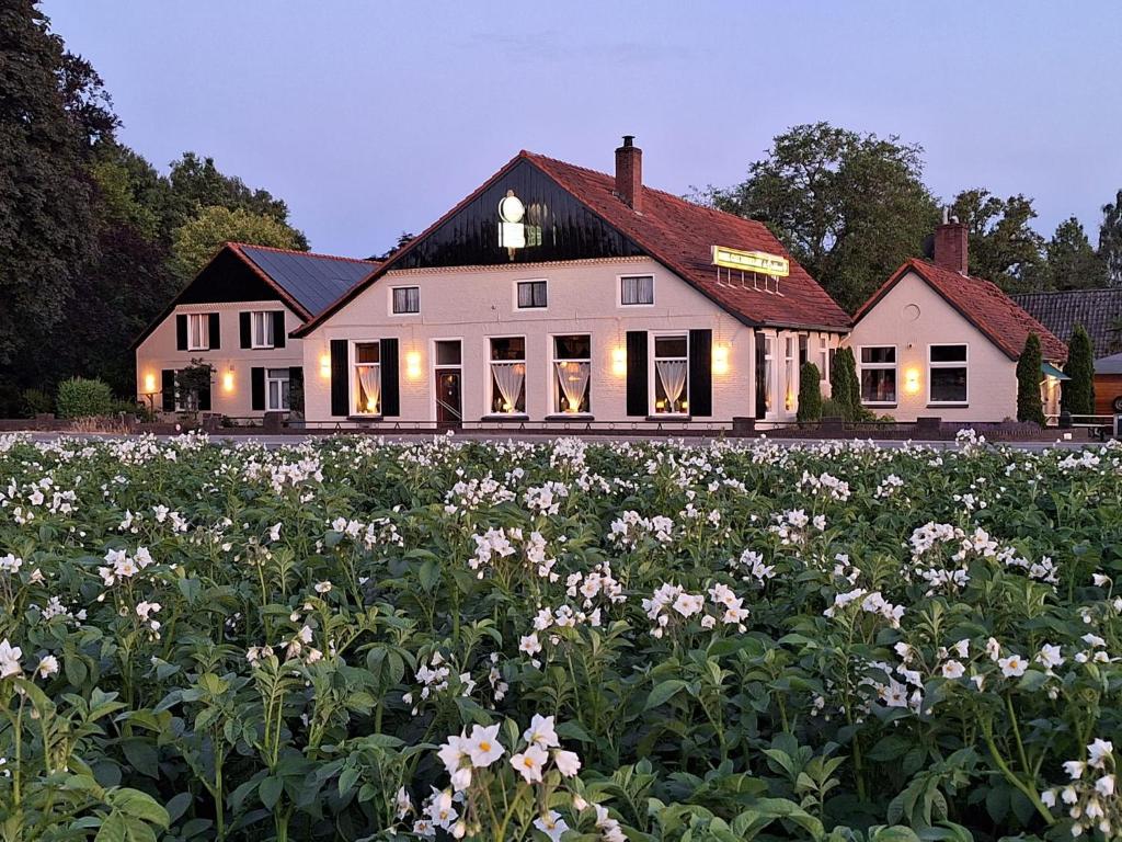 温特斯韦克林德树酒店的一座白色的大房子,花田