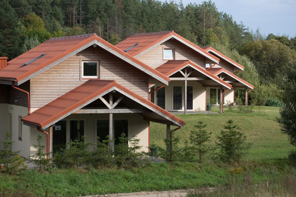 KoplyčninkaiAurora houses的田野上金属屋顶的房子