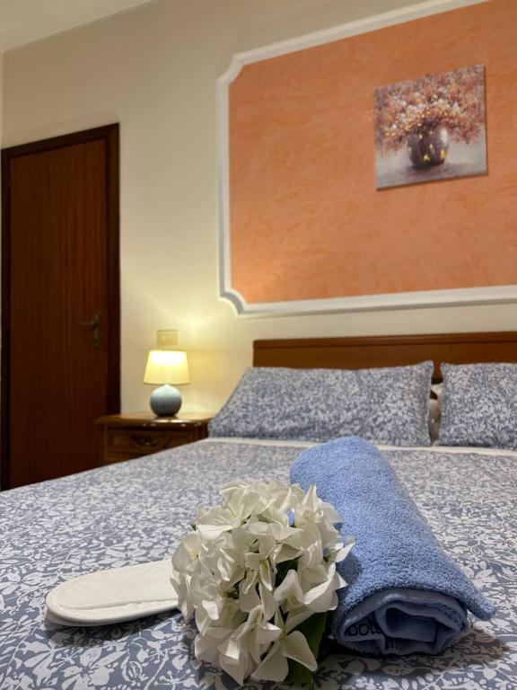 斯佩隆加Demetra Apartment Sperlonga的一间卧室配有一张带蓝色毛巾和植物的床