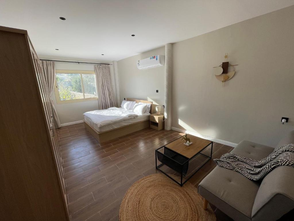 阿哈达Al Hada Hills Residential Unit的一间卧室配有一张床、一张沙发和一张桌子
