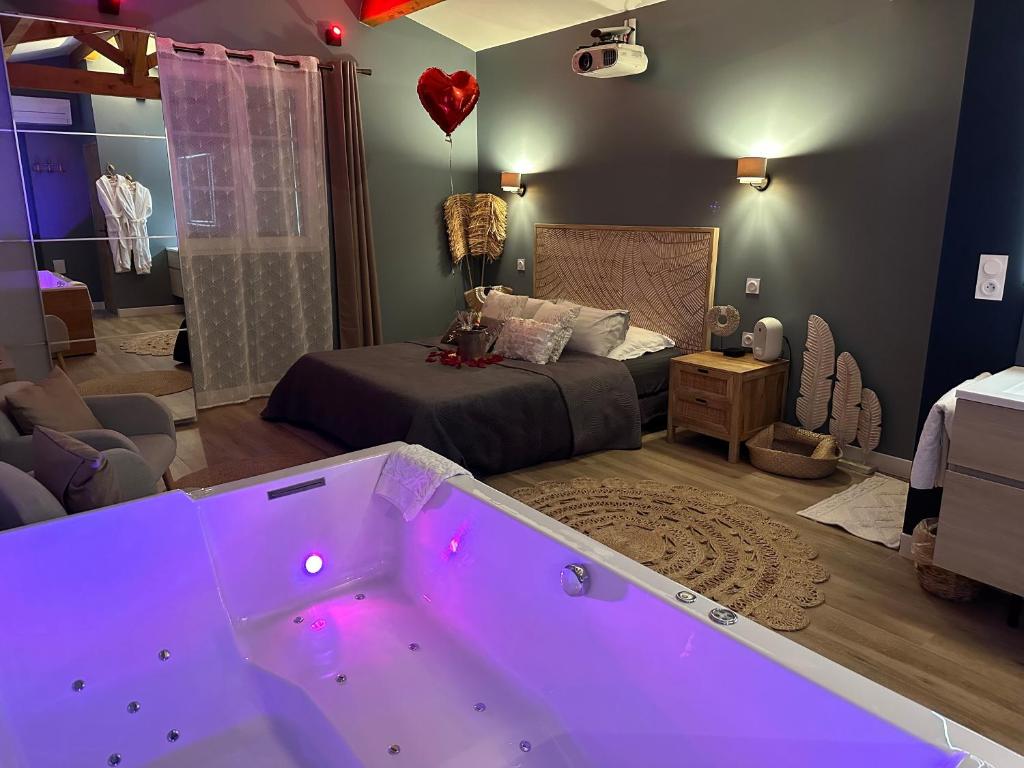 蒙彼利埃Mas Hinaiti - Suite romantique avec Spa et écran géant de cinéma的一间位于客房中间的带浴缸的浴室