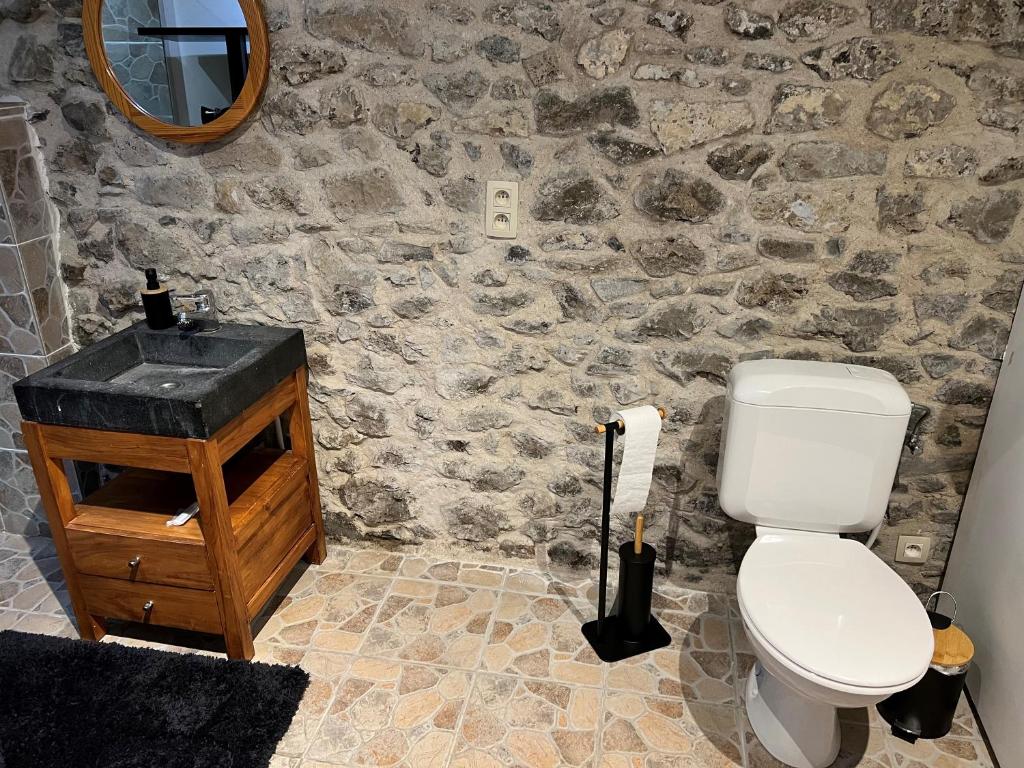 布吕热莱特Gîte Rubis 4-6 pers, JACUZZI-HOT TUB, Pairi Daiza的石质浴室设有卫生间和水槽