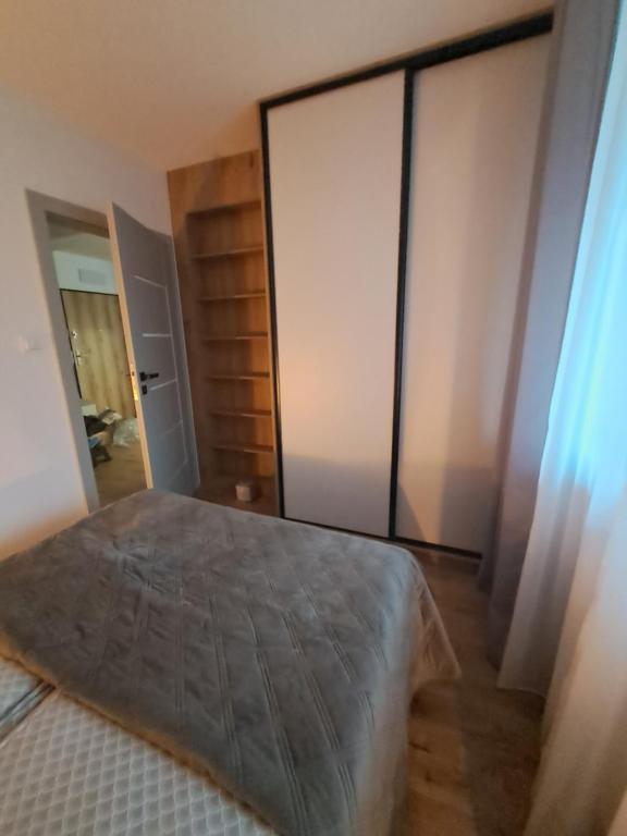 奥斯特罗达Apartament Drwęcka的一间卧室设有一张床和一个大型玻璃门