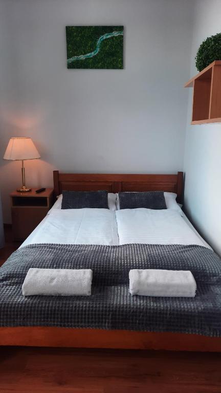 什恰夫尼察Jakubówka的一间卧室配有一张床,上面有两条毛巾