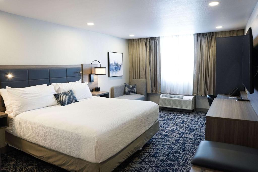 欧文Wyndham DFW Airport的酒店客房设有一张大床和一张书桌。